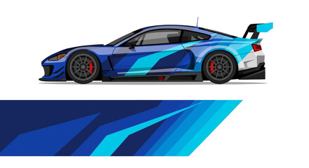 Dynamic blue racecar with bold gradient graphics and aerodynamic styling in motion. © Lailatul