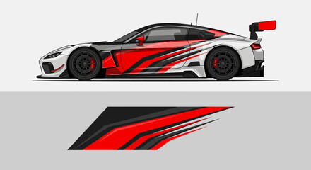 Red and black racing sports car with dynamic stripe graphics and sponsor decals.