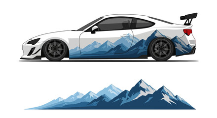 Sporty coupe with blue mountain graphic wrap on side for travel and adventure. © Lailatul