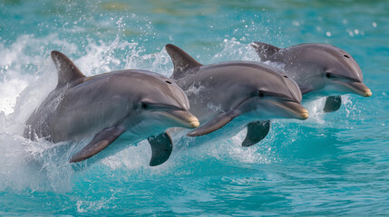 Fototapeta premium unanimity. Three dolphins leaping together in clear blue ocean water under sunlight. wildlife magazines, conservation campaigns, designed for eco-tourism storytelling, supports conservation.