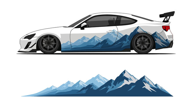 Sporty coupe with blue mountain graphic wrap on side for travel and adventure.