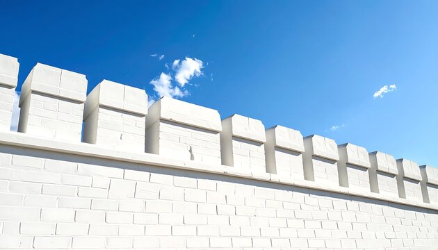 White brick wall topped with square crenellations against a bright blue sky with fluffy white clouds