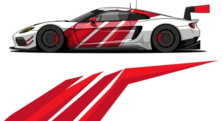 Naklejka premium Sleek red and white race car with bold stripes speeding on a track.