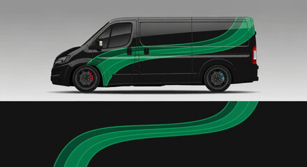 Side profile of a modern black delivery van with a bold green stripe branding design and urban presence. © Lailatul