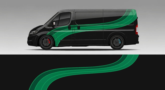 Side profile of a modern black delivery van with a bold green stripe branding design and urban presence.