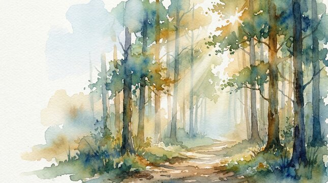 Watercolor forest path with sun rays through trees. Hand-painted nature landscape with green and brown foliage, light blue sky, and soft light.