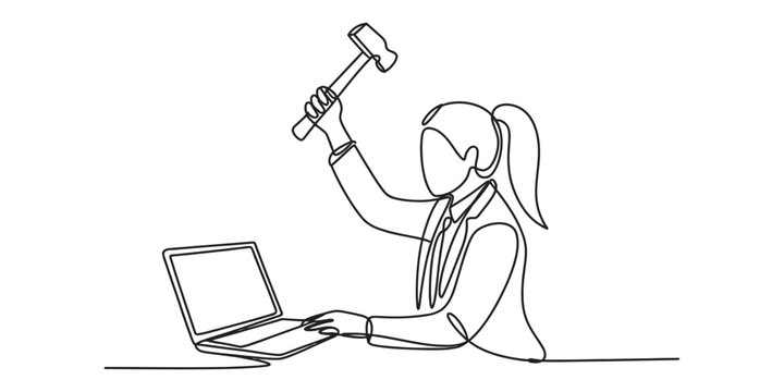 Continuous line drawing of a frustrated woman about to smash her laptop with a hammer. Vector, illustration
