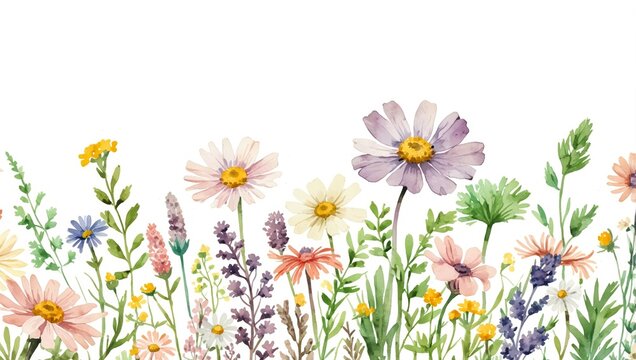 Arte bot&aacute;nico en acuarela con flores coloridas y fondo blanco