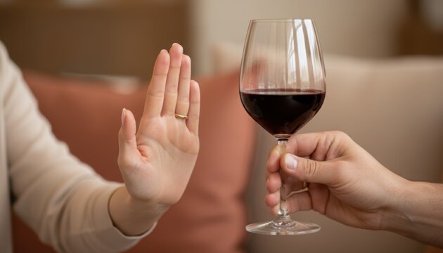 Woman's hand making stop gesture to man offering red wine glass indoors