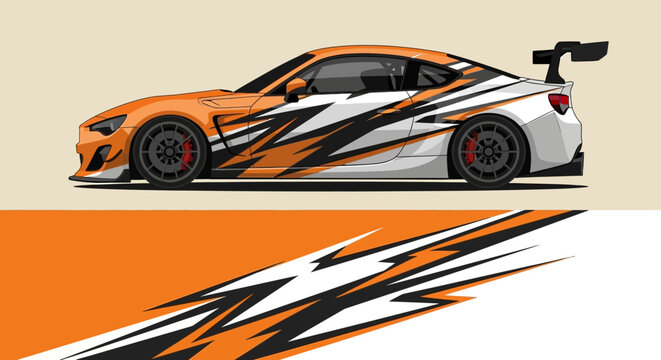 Vibrant orange and white race car with bold graphic wrap and dynamic speed motif.