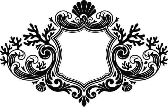 Nautical vintage shield frame with ornate shell and coral flourishes black vector silhouette for sea themed crest labels branding invitations stationary and classic designs.