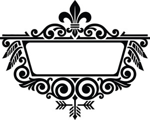 Classic fleur de lis frame with horizontal divider and arrow base black vector filigree for premium labeling elegant certificates vintage branding and royal stationery art. © Munna_SH