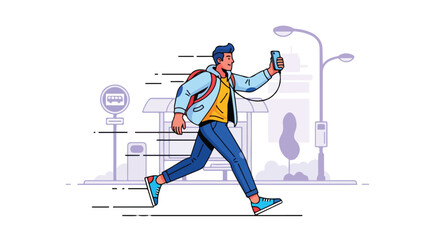 A young man walks down the street while vlogging with his phone and wearing a backpack in a modern urban setting with a minimalist color scheme.