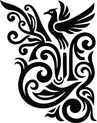 Fototapeta premium Black flying bird vector illustration with elegant floral ornament a beautiful design element for decoration tattoo or print concept.