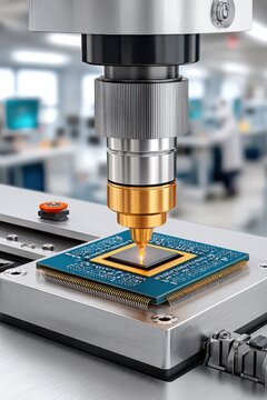 Close-up of precision laser micro-machining on a semiconductor chip in a high-tech laboratory setting