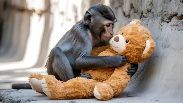 Cute baby monkey hugging teddy bear, adorable animal affection moment, playful primate behavior, innocence and companionship concept, wildlife and soft toy contrast theme