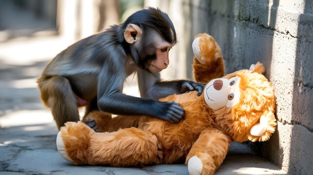 Cute baby monkey hugging teddy bear, adorable animal affection moment, playful primate behavior, innocence and companionship concept, wildlife and soft toy contrast theme