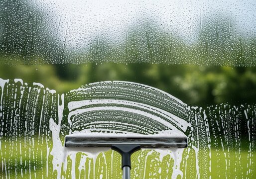 Squeegee cleaning soapy glass window with green bokeh background. concept for home care, professional service.