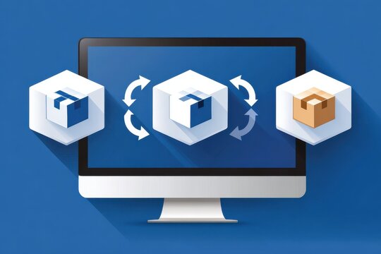 Three vector icons in blue and white surround a computer monitor with rotation arrows