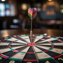Fototapeta premium Close-Up of a Rainbow-Flight Dart Hitting the Bullseye on a Dark Dartboard: Precision, Focus, and Aim