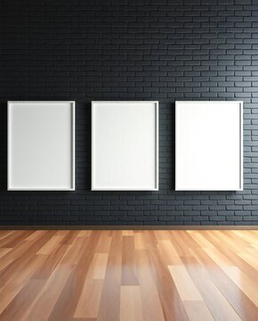 Three blank frames on dark brick wall