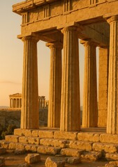 Ancient Greek temple at sunset.