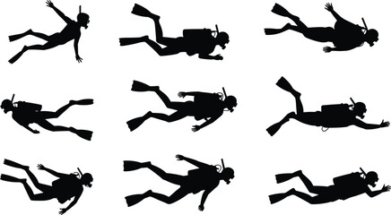 Scuba diving silhouettes set with underwater swimmer poses, marine sport vector illustration collection, isolated black diver figures for ocean exploration, and water recreation design © MIJANUR