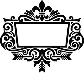Fleur de lis frame with arrow elements and decorative scrollwork border for heraldic plaque or vintage signage design. © Munna_SH