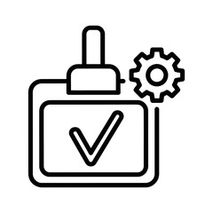 Obraz premium Minimalist black and white vector illustration of a verification checkmark inside a shield with a gear icon, representing security, approval, and technology integration.