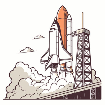 Space shuttle lifting off launchpad with smoke and clouds