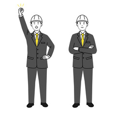 ヘルメットを着用したスーツ姿の建設業男性社員の全身イラストセット2