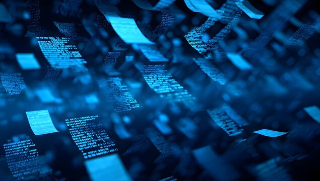 Abstract flying documents and digital pages floating in dark blue cyberspace representing cloud storage electronic paperless office solutions and massive library of information data management