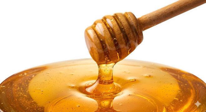 Close up of wooden dipper pouring thick organic honey into a golden pool