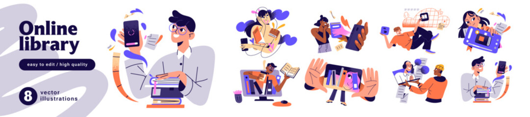 People are reading digital books set. Men and women listen to audiobooks, enjoy ebooks, download stories, fictions to mobile phones. Online library concept. Flat isolated vector illustrations on white
