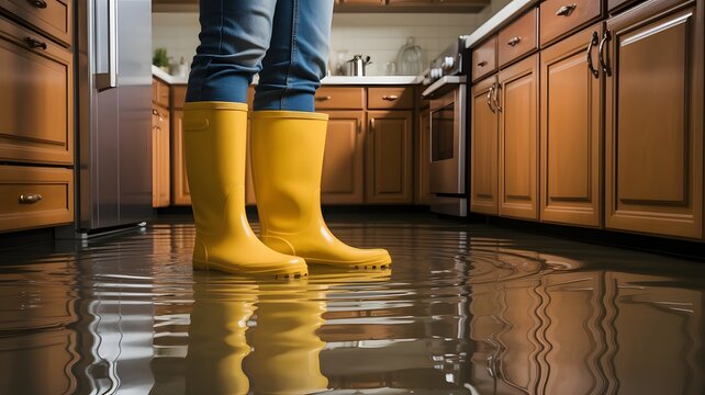 Person wearing yellow rubber boots standing in flooded kitchen, indoor water leak, household emergency, plumbing failure, home maintenance problem, cleaning and damage control concept