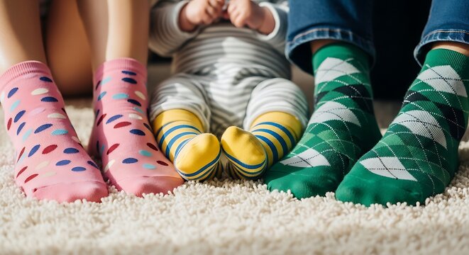 family wearing colorful patterned socks sitting on carpet at home.