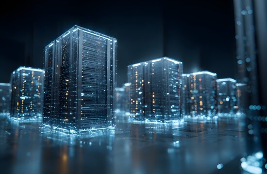 Digital database landscape showing multiple server racks illuminated with blue light and floating data particles in dark environment symbolizing enterprise cloud solutions and high security