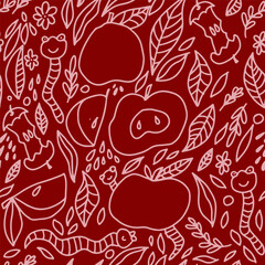 Red apple seamless pattern with white line art on rich dark red background. Decorative hand drawn vector design suitable for textiles, wrapping paper, and food packaging.