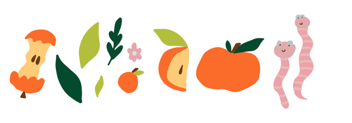 Hand drawn apple elements set with slices, leaves, flowers, and worms in a playful flat style. Vector illustration suitable for packaging, kitchen decor, food branding, and surface design.