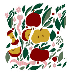 Decorative apple illustration with leaves, slices, and floral elements arranged in a balanced flat composition. Modern hand drawn vector artwork for food branding and decor.