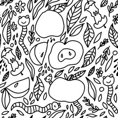 Black and white hand drawn apple seamless pattern with leaves and playful doodle elements. Minimal outline vector design ideal for coloring pages, textiles, and packaging.