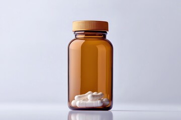 Blank medicine bottle with white pills on white background in high resolution