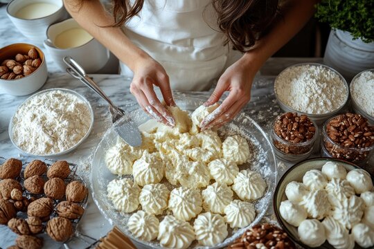 Baking process with ingredients and tools on a table