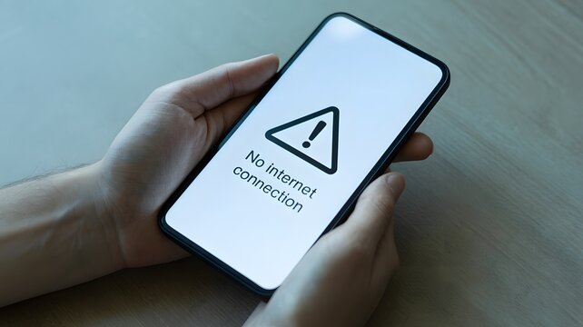 Smartphone displaying no internet connection warning screen, user holding mobile device, network error, offline problem, connectivity issue, digital communication failure and technology concept