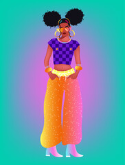 Illustration of a fashionable girl on a blue and pink background.