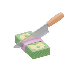 A wooden knife cutting through a stack of green plastic blocks