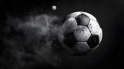 Fototapeta premium Dirty soccer ball flying through dark smoky dramatic atmosphere with motion blur and dynamic lighting for sports action concept