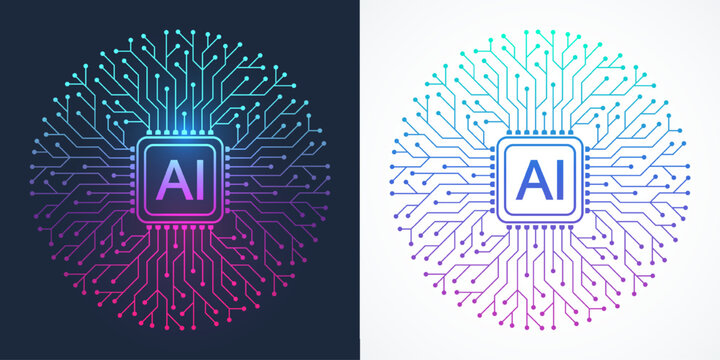 Modern handmade vector icon, sign, logo circuit line style in the Artificial intelligence concept. Set AI processor icon flat design. Motherboard digital chip AI.