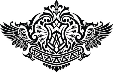 Tribal winged crest emblem with arrows and fleur de lis black ethnic coat of arms design majestic warrior symbol for graphic prints art. © Munna_SH