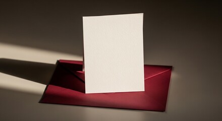 Naklejka premium A vertical white blank card standing in front of a dark red envelope under dramatic lighting